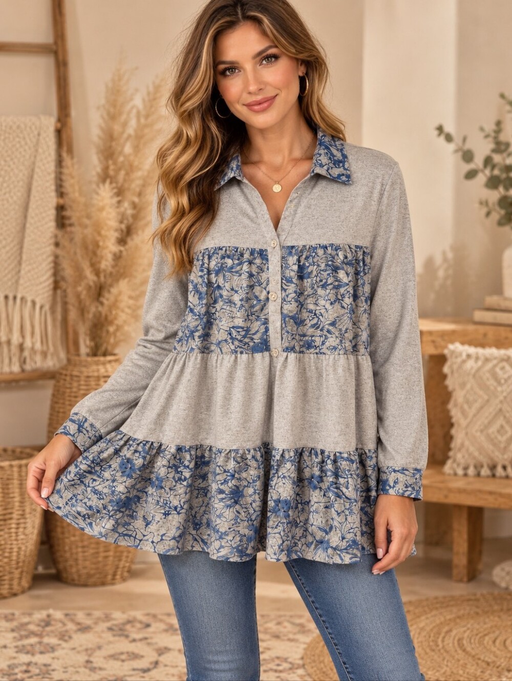549.Boho Grey and Blue Floral Tiered Button-Front Women’s Top